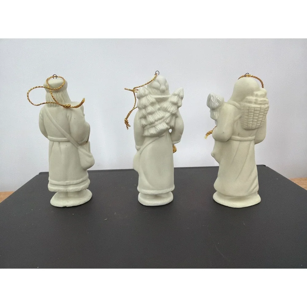 Vintage White Bisque Porcelain Santa Claus Ornaments Gold Accents Set of 3